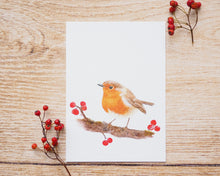 Laden Sie das Bild in den Galerie-Viewer, Kunstdruck / gedruckte Karte mit Rotkehlchen und Beeren auf feinstem Cotton-Papier