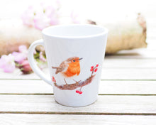 Laden Sie das Bild in den Galerie-Viewer, Elegante weiße Keramiktasse mit Tier- oder Blumenillustration, hochwertiger Druck, liebevoll gestaltet, Rotkehlchen