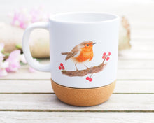Laden Sie das Bild in den Galerie-Viewer, Große Tasse mit Korkboden "Rotkehlchen und Beeren"