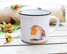 Laden Sie das Bild in den Galerie-Viewer, Emailletasse mit Tier- oder Blumenmotiv, liebevoll gestaltet im Vintagelook