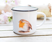 Laden Sie das Bild in den Galerie-Viewer, Emailletasse mit Tier- oder Blumenmotiv, liebevoll gestaltet im Vintagelook