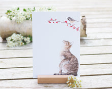 Laden Sie das Bild in den Galerie-Viewer, Kunstdruck / gedruckte Karte mit frecher Katze und Meise auf feinstem Cotton-Papier