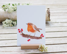 Laden Sie das Bild in den Galerie-Viewer, Kunstdruck / gedruckte Karte mit Rotkehlchen und Beeren auf feinstem Cotton-Papier