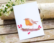 Laden Sie das Bild in den Galerie-Viewer, Kunstdruck / gedruckte Karte mit Rotkehlchen und Beeren auf feinstem Cotton-Papier