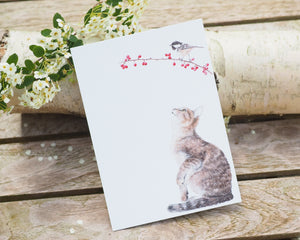 Kunstdruck / gedruckte Karte mit frecher Katze und Meise auf feinstem Cotton-Papier