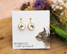 Laden Sie das Bild in den Galerie-Viewer, Ohrringe mit schöner Katze, leicht hängend, aus goldfarbenem Edelstahl mit Cabochon