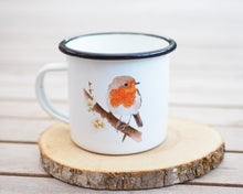 Laden Sie das Bild in den Galerie-Viewer, Emailletasse "Rotkehlchen im Frühling"