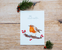 Laden Sie das Bild in den Galerie-Viewer, Weihnachtskarte "Rotkehlchen mit Beeren" auf feinstem Cotton-Papier