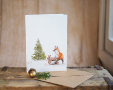 Laden Sie das Bild in den Galerie-Viewer, Weihnachtskarte / Klappkarte inkl. Umschlag "Fuchs und Hase im Winterwald" auf feinstem Cotton-Papier