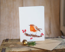 Laden Sie das Bild in den Galerie-Viewer, Weihnachtskarte / Klappkarte inkl. Umschlag "Rotkehlchen und Beeren" auf feinstem Cotton-Papier
