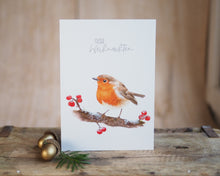 Laden Sie das Bild in den Galerie-Viewer, Weihnachtskarte "Rotkehlchen mit Beeren" auf feinstem Cotton-Papier