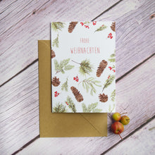 Laden Sie das Bild in den Galerie-Viewer, Klappkarte / Kunstdruck inkl. Umschlag mit Zweigen und Zapfen "Frohe Weihnachten" auf feinstem Cotton-Papier, Helle Tage Weihnachten Tannenbaum