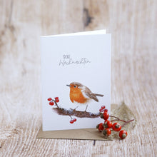 Laden Sie das Bild in den Galerie-Viewer, Weihnachtskarte / Klappkarte inkl. Umschlag "Rotkehlchen und Beeren mit Gruß" auf feinstem Cotton-Papier