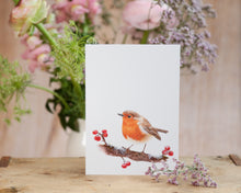 Laden Sie das Bild in den Galerie-Viewer, Kunstdruck / gedruckte Karte mit Rotkehlchen und Beeren auf feinstem Cotton-Papier