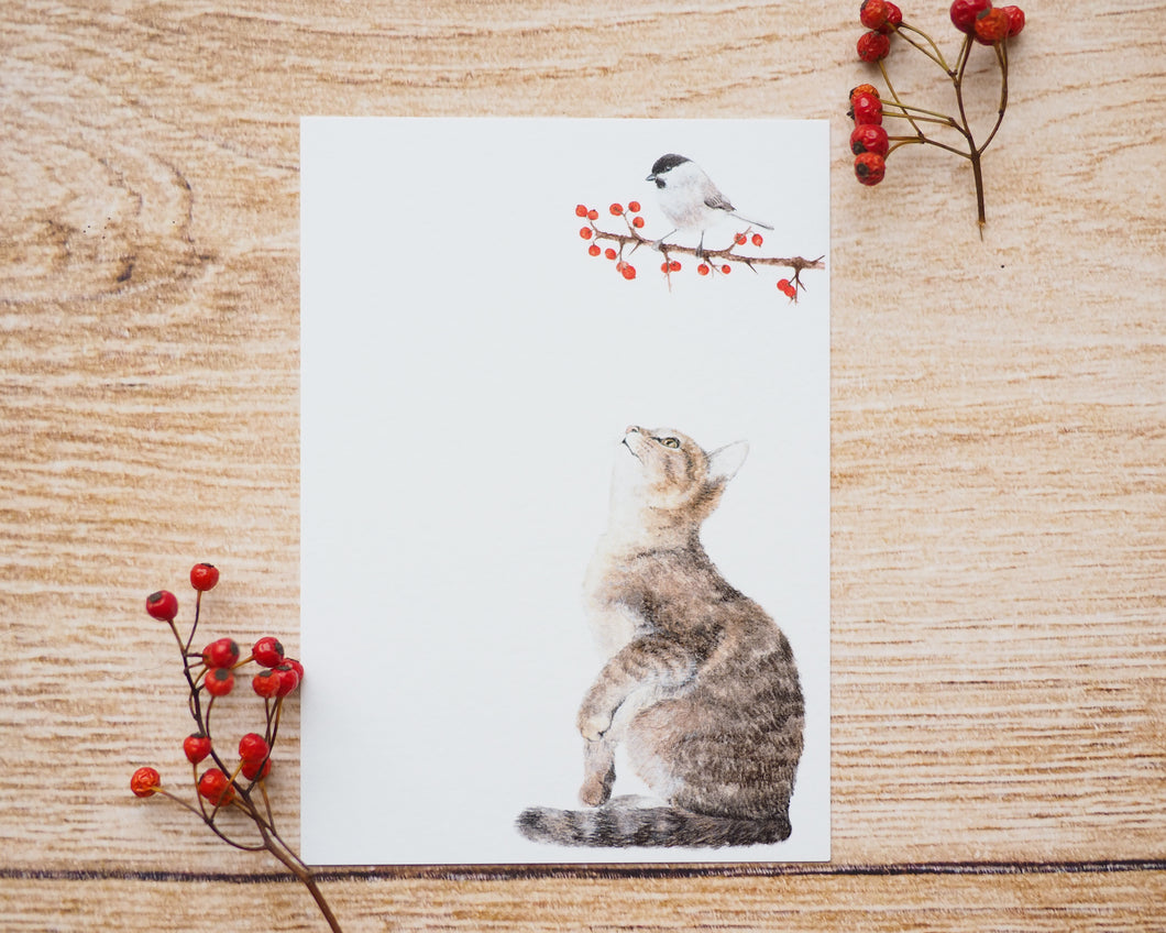 Kunstdruck / gedruckte Karte mit frecher Katze und Meise auf feinstem Cotton-Papier