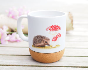 Große Tasse mit Korkboden "Igel mit Pilzen"