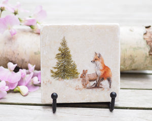 Steinfliese Vintage Deko "Fuchs und Hase im Wald"