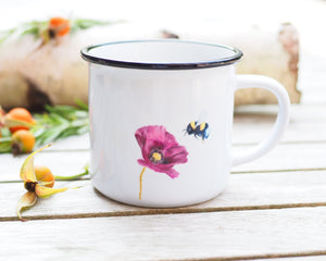 Keramiktasse mit Rand in Vintageoptik "Mohnblume mit Hummel"