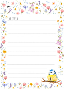 Notizblock / To-Do- Liste / Einkaufsliste "Blumenmeer mit Blaumeise" DIN A6