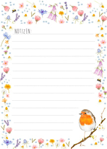 Notizblock / To-Do- Liste / Einkaufsliste "Blumenmeer mit Rotkehlchen" DIN A6