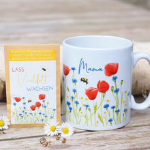 Laden Sie das Bild in den Galerie-Viewer, Geschenkset: Tasse aus Keramik &quot;Mohnblumen mit Schrift Mama&quot; + Bio-Blumensamen + Geschenkkarton
