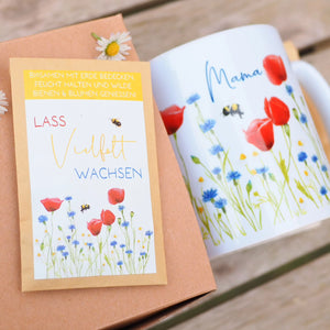 Geschenkset: Tasse aus Keramik "Mohnblumen mit Schrift Mama" + Bio-Blumensamen + Geschenkkarton