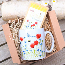 Laden Sie das Bild in den Galerie-Viewer, Geschenkset: Tasse aus Keramik &quot;Mohnblumen mit Schrift Mama&quot; + Bio-Blumensamen + Geschenkkarton
