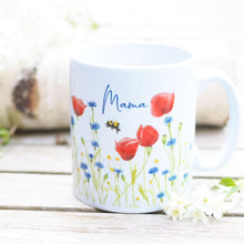 Laden Sie das Bild in den Galerie-Viewer, Geschenkset: Tasse aus Keramik &quot;Mohnblumen mit Schrift Mama&quot; + Bio-Blumensamen + Geschenkkarton
