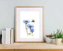 Laden Sie das Bild in den Galerie-Viewer, Kunstdruck "Kornblume und Hummelpo" in 20x30 cm auf feinstem Papier
