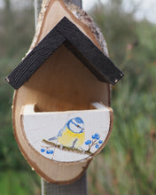 Laden Sie das Bild in den Galerie-Viewer, Vogelfutterhaus mit Blaumeise, handbemalt aus Birkenholz
