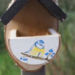 Vogelfutterhaus mit Blaumeise, handbemalt aus Birkenholz