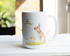 Große Teetasse "Häschen mit Zaunkönig"