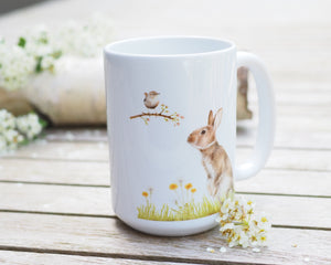 Große Teetasse "Häschen mit Zaunkönig"