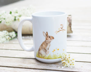 Große Teetasse "Häschen mit Zaunkönig"