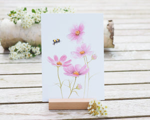 Kunstdruck / gedruckte Karte mit Hummel und rosa Blume auf feinstem Cotton-Papier