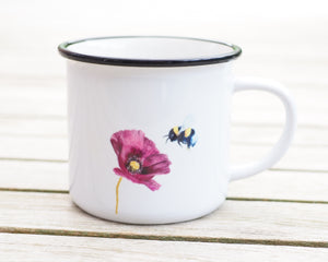 Keramiktasse mit Rand in Vintageoptik "Mohnblume mit Hummel"