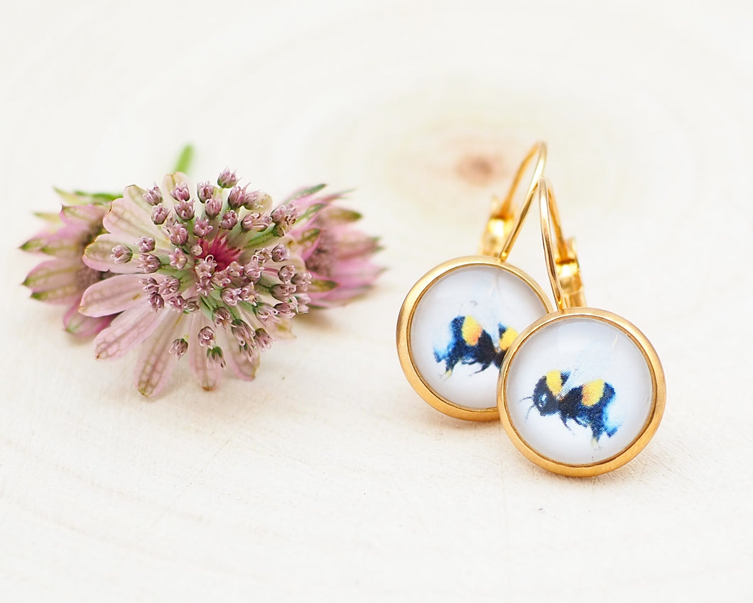 Ohrringe mit pummeliger Hummel, leicht hängend, aus goldfarbenem Edelstahl mit Cabochon