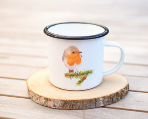 Emailletasse  "Rotkehlchen mit Tannenzweig"