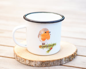 Emailletasse  "Rotkehlchen mit Tannenzweig"