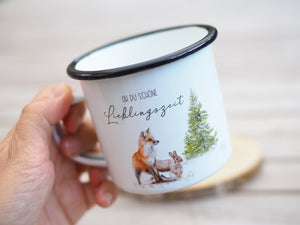 Emailletasse Weihnachten "Fuchs und Hase" Lieblingszeit