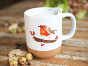 Große Tasse mit Korkboden "Rotkehlchen und Beeren"