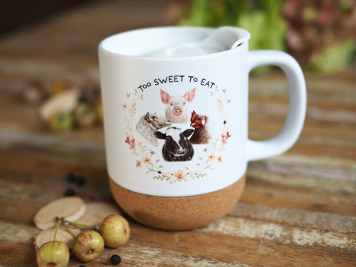 Keramiktasse mit abnehmbarem Korkboden und Deckel, liebevoll bedruckt mit Naturmotiv