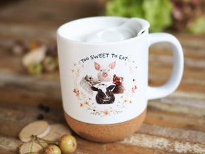 Keramiktasse mit abnehmbarem Korkboden und Deckel, liebevoll bedruckt mit Naturmotiv