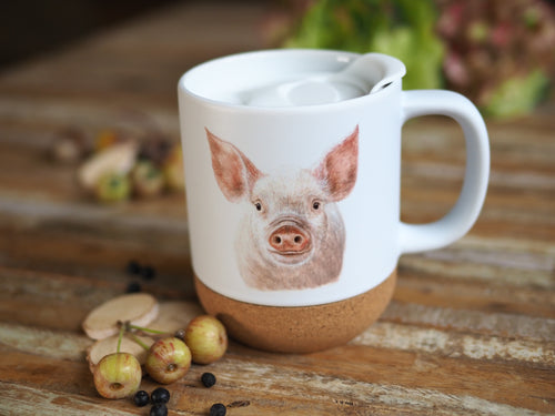 Keramiktasse mit abnehmbarem Korkboden und Deckel, liebevoll bedruckt mit Naturmotiv