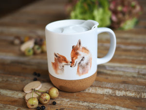 Keramiktasse mit abnehmbarem Korkboden und Deckel, liebevoll bedruckt mit Naturmotiv