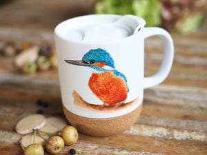Große Tasse mit Korkboden "Leuchtender Eisvogel"
