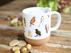 Große Tasse mit Korkboden "Liebste Gartenvögel"
