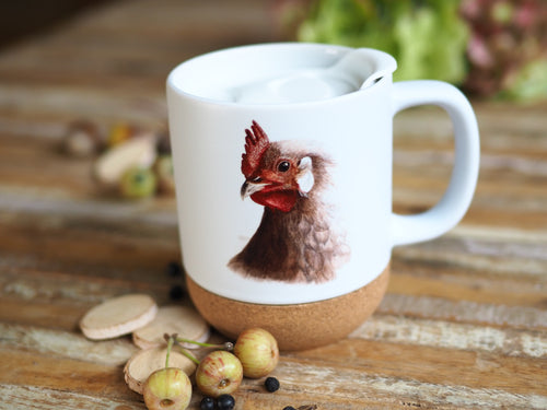 Keramiktasse mit abnehmbarem Korkboden und Deckel, liebevoll bedruckt mit Naturmotiv