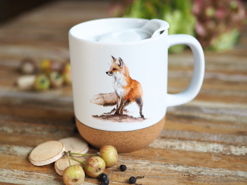 Keramiktasse mit abnehmbarem Korkboden und Deckel, liebevoll bedruckt mit Naturmotiv Fuchs