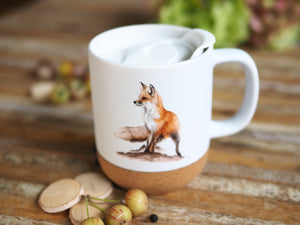 Keramiktasse mit abnehmbarem Korkboden und Deckel, liebevoll bedruckt mit Naturmotiv